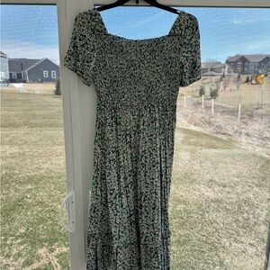 Petallush Green Floral Midi Dress with Smocked Bodice